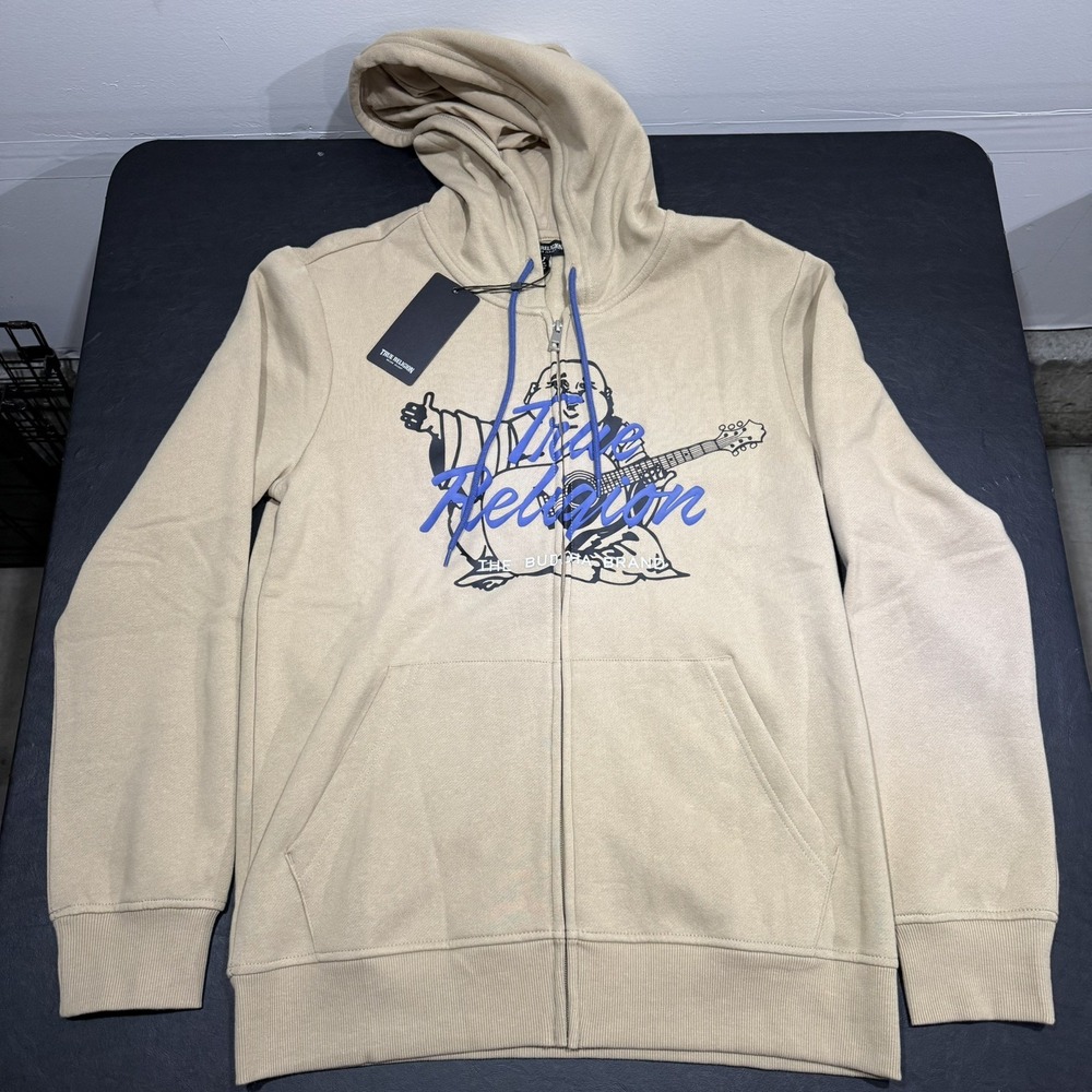 NWT $119.00 True Religion Mens Buddha Script Fleece Hoodie Fog‎ Tan Sz Medium